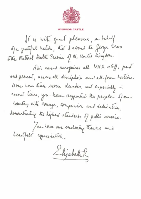 Buckingham Palace A copy of the handwritten message from Queen Elizabeth II in support of the award of the George Cross to the NHS