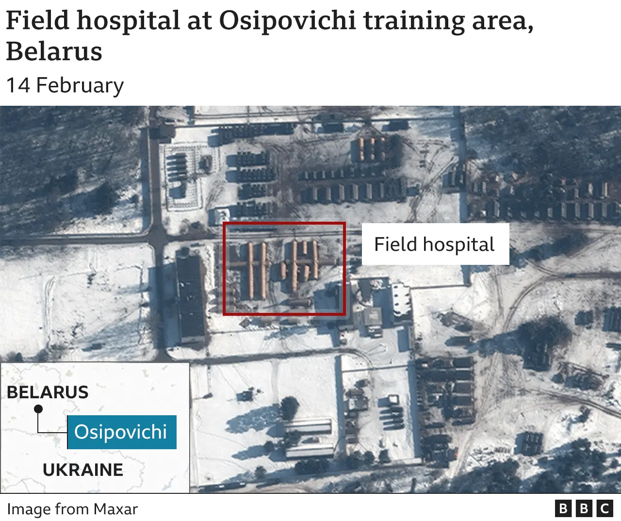 Satellite image showing field hospital at Osipovichi