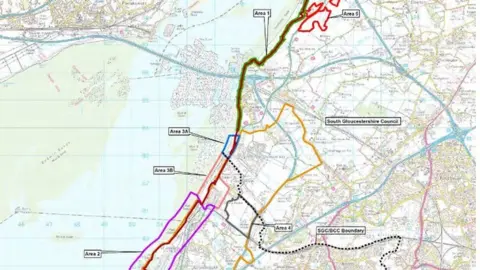 Planning papers The flood defence scheme along the Severn Estuary showing the black dotted boundary line between South Gloucestershire and Bristol