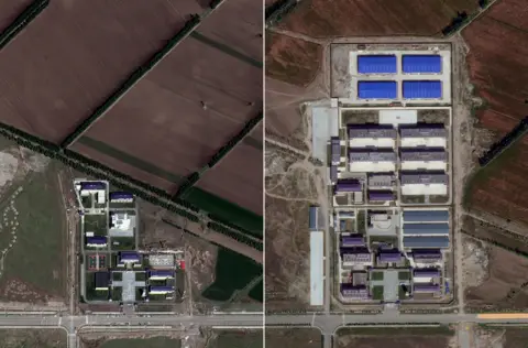 Maxar Ziawudun identified this site - listed as a school - as the location she was held. Satellite images from 2017 (left) and 2019 (right) show significant development typical of camps, with what look like dormitory and factory buildings