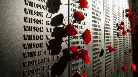 Getty Images Poppies are placed on an honour roll at the Australian War Memorial on Anzac Day in 2008