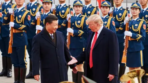 Getty Images China's President Xi Jinping and US President Donald Trump (L-R front) shake hands during a meeting outside the Great Hall of the People in Beijing in 2017