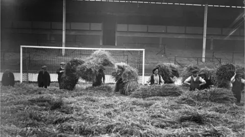 Davis/Topical Press Agency/Getty Images 2nd December 1925: Groundstaff lay 3,000 bales of straw at Tottenham Hotspur's football pitch (White Hart Lane) to protect the ground from frost.