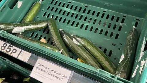 Getty Images Almost-empty cucumber shelf in a supermarket, Feb 23, 2023