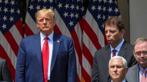 Getty Images President Trump and Thomas J Philipson, chair of White House council of economic advisers (top right) with (bottom right) Vice-President Mike Pence and economic advisor Kevin Hassett, White House Rose Garden, 5 June 2020