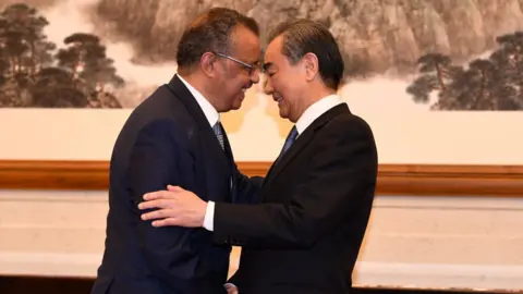 Getty Images Tedros Adhanom, Director General of the World Health Organization, (L) shakes hands with Chinese State Councilor and Foreign Minister Wang Yi