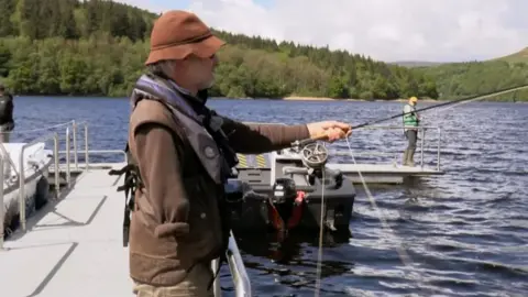 Man fishing at Ladybower reservoir