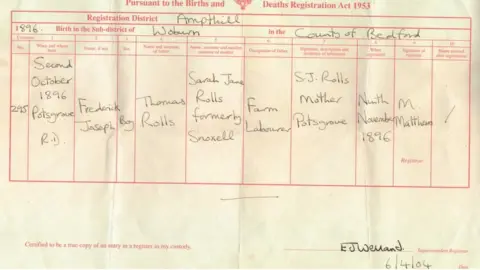 George Smith Frederick Rolls' birth certificate