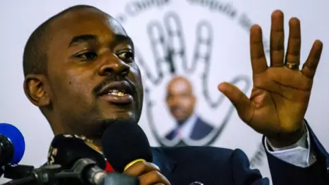 AFP Nelson Chamisa looks on during the launch of his party's manifesto ahead of the July 30th general elections, on June 7, 2018 in Harare