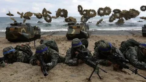 Getty Images South Korean marines participate in landing operation referred to as Foal Eagle joint military exercise with US troops Pohang seashore on 2 April 2017 in Pohang, South Korea.