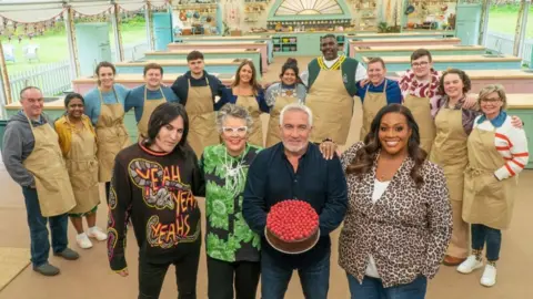 Love Productions/Channel 4/PA The contestants with Paul Hollywood, Prue Leith, Noel Fielding and Alison Hammond in the tent