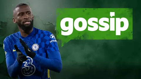 An image of Chelsea defender Antonio Rudiger on the BBC Sport green Gossip page background