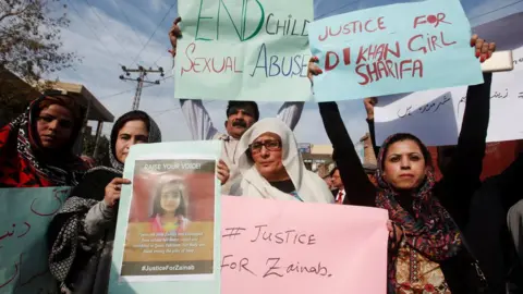 Reuters People chant slogans and hold signs to condemn the rape and killing of 7-year-old girl Zainab Ansari in Kasur, during a protest in Peshawar, Pakistan January 11, 2018
