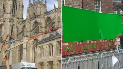 Cranes and green screens outside York Minster