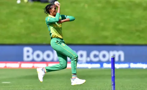 AFP South African female cricketer Ayabonga Khaka bowling in a match against Bangladesh at University Oval in Dunedin, New Zealand - Saturday 5 March 2022