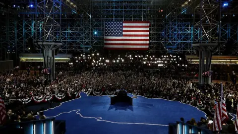 Getty Images The empty stage at Hillary Clinton's election night headquarters.