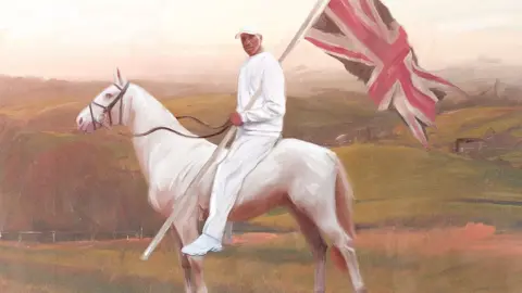 Reuben Dangoor Skepta on top of a white horse carrying a union flag