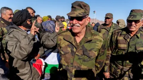 Getty Images President of the Saharawi Arab Democratic Republic (SADR) Brahim Ghali during the manoeuvres of the Democratic Arab Republic of Saharawi army in the fourth military region in the north-east of Western Sahara on January 6, 2019 in Mehaires, Western Sahara