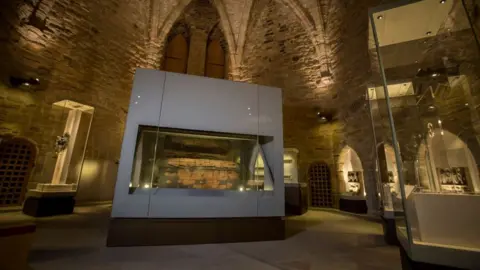 Durham Cathedral St Cuthbert's coffin on display in the Great Kitchen