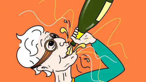 Alex Brenchley Edith downing a bottle of champagne