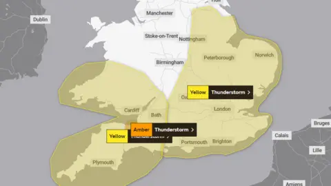 Met Office map showing at yellow weather warning for south Wales, south England and the east Midlands and an amber warning for Devon and Somerset