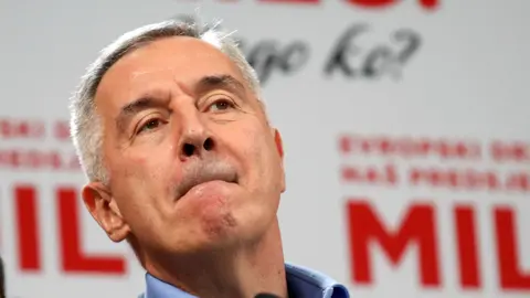 Milo Djukanovic at his party HQ on Sunday, the day of the presidential election run-off