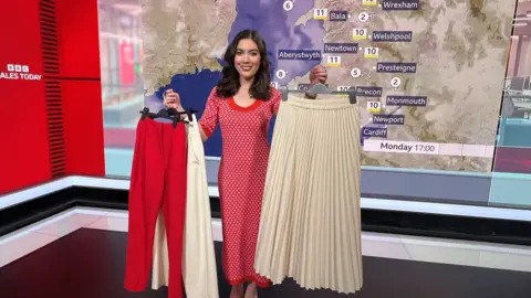 BBC Sabrina holding up some of her clothes in the TV studio in front of a weather map