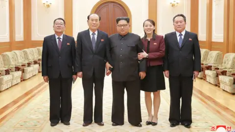 KCNA This handout photo by KCNA shows Kim Jong-un, who appears to be supported by Ms Kim Yo-jong on his left and Mr Kim Yong-nam on his right. Choe Hwi is standing on the extreme right and Ri Son-gwon on the extreme left