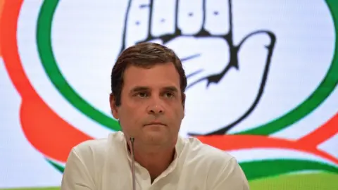 Getty Images Indian National Congress Party president Rahul Gandhi looks on during a press conference, in New Delhi on May 23, 2019.