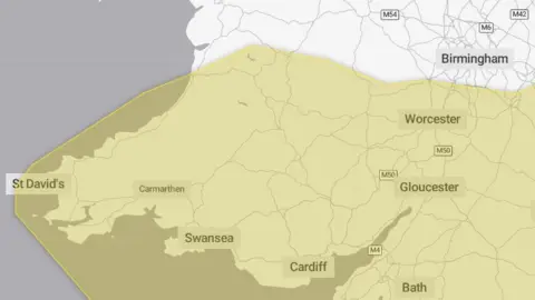 Met Office Map of Wales showing potentially affected areas