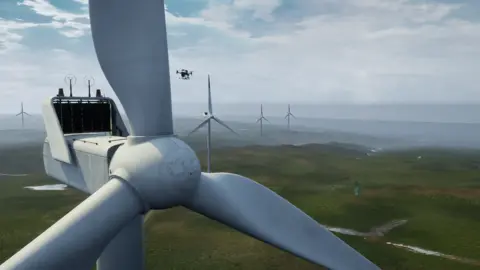 Airtonomy A simulated drone flying next to a wind turbine.