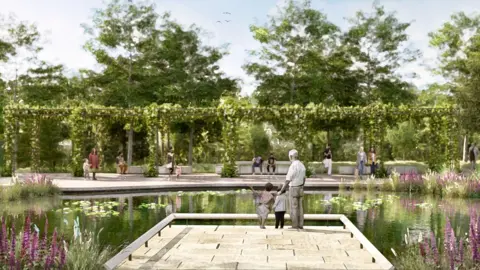 HTA Design An artist's impression of the new garden shows a man standing on a viewing platform with two children overlooking a large pond which is surrounded by pagodas and benches