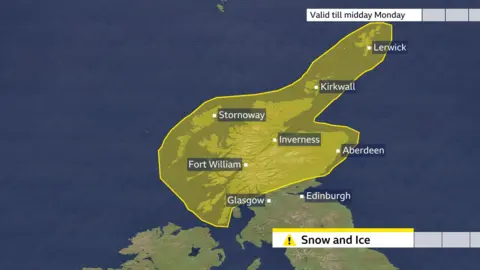 Travel warnings as snow and ice impact northern Scotland 6 Map showing the area covered by the yellow warning