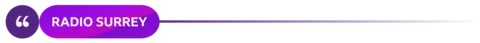 A textured purple circle and plain purple pill-shaped oblong with curved edges sitting next to each other on a line, which gradually fades across the screen from left to right. The words "Radio Surrey" are written in the oblong