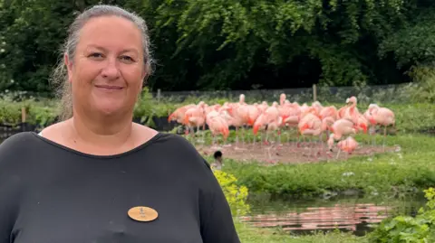 Gill Pipes, who is the centre manager of WWT Washington, wearing a black shirt and a wooden name badge stands in front of a flock of pink-coloured flamingos who are standing in the middle of island in the nature reserve. 