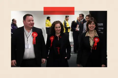 Reuters Labour Party candidate Angeliki Stogia walks with Deputy Labour Party leader Lucy Powell and Labour MP Andrew Western