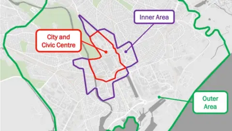 Cardiff Council A map showing the boundary of the three new parking zones in Cardiff.