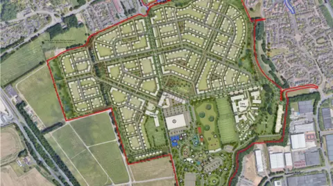 AEPG Plans of the showground development, it shows clusters of houses and a few larger buildings, one of them is marked as a primary school and the other a care village.
