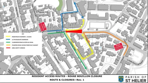 Government of Jersey A map of streets around Rouge Bouillon shows resident access routes during the road closure.