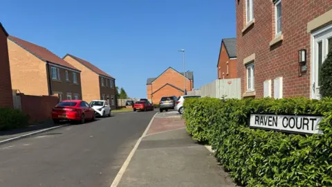 Raven Court in Shildon is a residential street. Red-bricked two-storey houses line each side of the road, which also has cars parked along it.