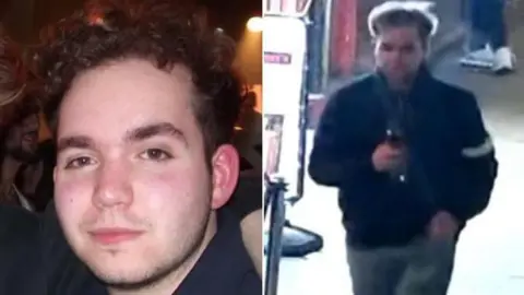 Two photos of Connor. The photo of the left is a close-up of his face. He has short brown hair and is wearing a blue jumper. The photo on the right shows Connor walking on a street with a bottle in his hand and his other hand in his pocket. He is wearing a blue jumper and blue jeans.