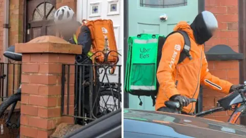 A composite image of two asylum seekers leaving a terrace house. They both have big backpacks and are wearing bright clothing.