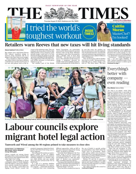 "Labour councils explore migrant hotel legal action" reads the headline on the front page of The Times.
