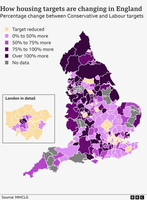 Map showing the percentage change between housebuilding targets under the Conservative government and current government