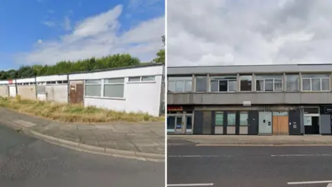 Two photos from Google Street View next to each other. On the left is a white building with one floor, it has some of its doors and windows boarded up and its located at the corner of a street with grass overgrowing slightly in front of it. On the right is a single-storey grey building with a wooden door boarded up at the front. It's located next to other buildings on a road.