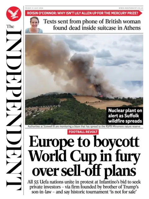 "Europe to boycott World Cup in fury over sell-off plans," reads the headline on the front page of the Independent.