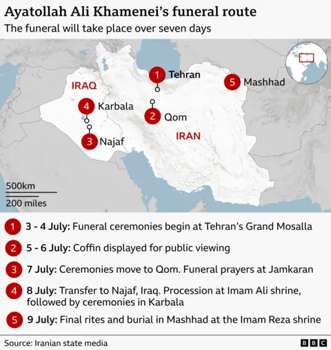 A map shows the locations in Iran and Iraq where the funeral celebrations will be found.
