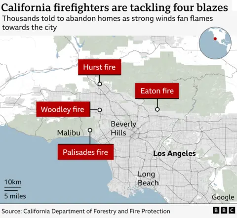 A map of Los Angeles, California, and the surrounding areas shows where four brush fires are burning. On the outskirts of LA in the north, there's the Eaton fire, to its west is the Palisades fire and the Woodley fire, and further north is the Hurst fire.