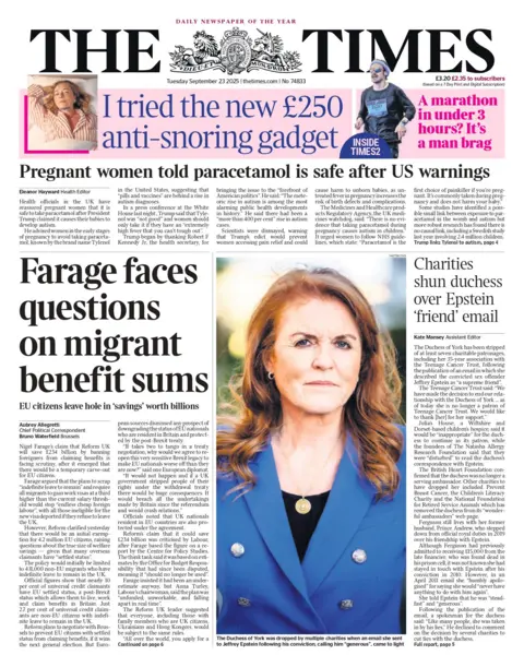 "Farage faces questions on migrant benefit sums" reads the headline on the front page of The Times.