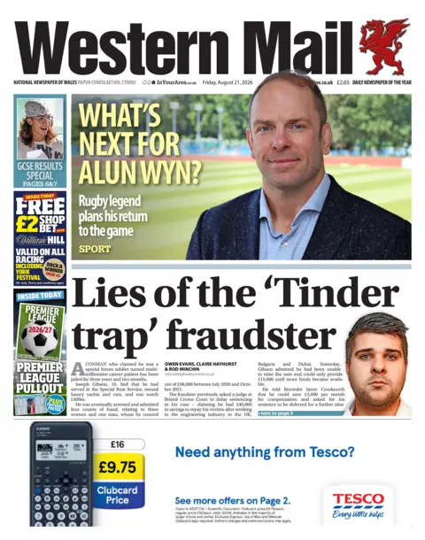 Western Mail Western Mail front page with the main headline Lies of the 'Tinder trap' fraudster'. The headline above says "What's next for Alun Wyn?", alongside a photo of him.